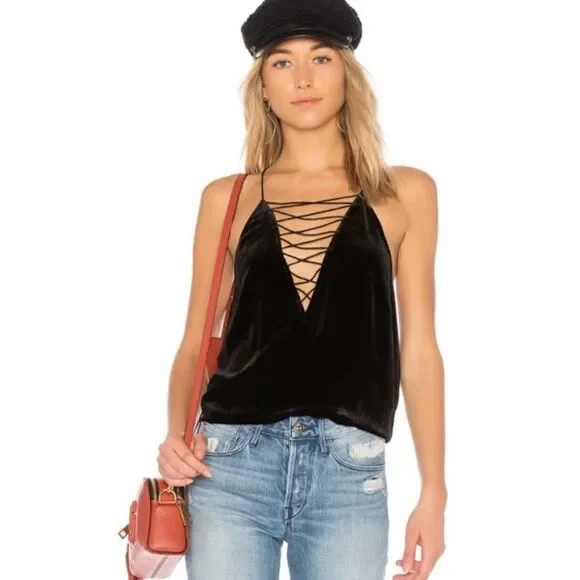 NWOT Revolve Cami NYC Black Velvet Criss Cross Top Small - Picture 2 of 8